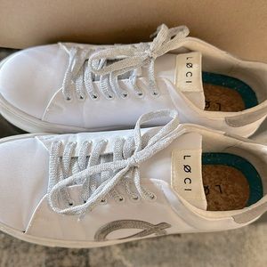LOCI NINE size 39/9 White/Platinum/silver sneakers. Pre-owned, light wear.